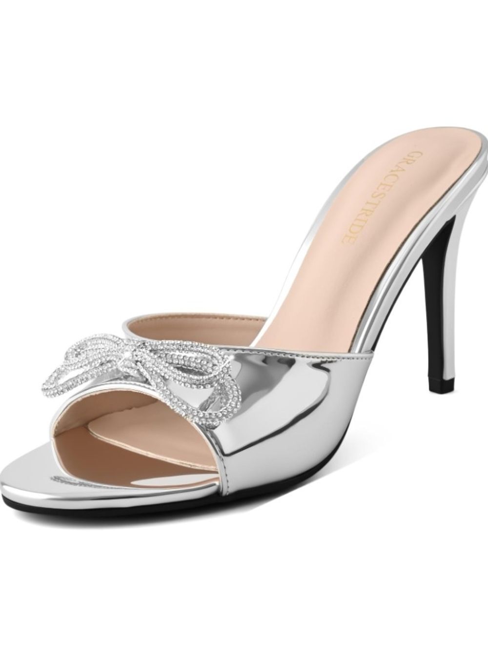 Greacestride Silver Rhinestone Bow Heeled Mule Sandals Size 8 NWT